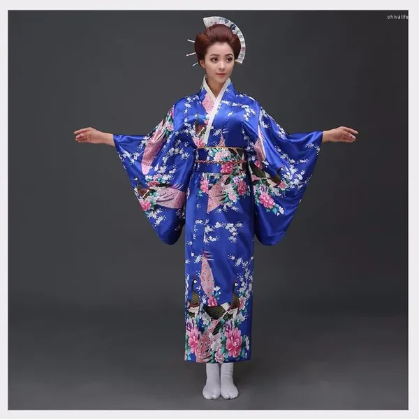 Stage Wear Femmes traditionnelles bleues Satin Kimono Yukata avec Obi Performance Robe de danse Costume de cosplay japonais Fleur Taille unique 715-17