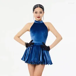 STAGE Wear Blue Velvet Latin Dancing Top Jupe courte sexy Chacha Dance Costume Femmes Performance Vêtements 9300