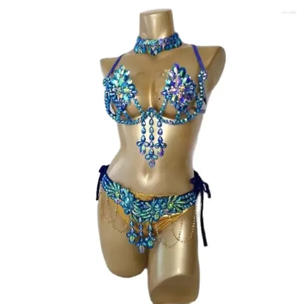 Stage Wear Soutien-gorge et culotte en fil bleu pour perles de carnaval, ceinture de taille, Costume de danse du ventre pour femmes, tenue de Festival, spectacle Bikini Samba
