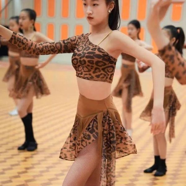 Stage Wear Vestido Fuera Mujeres Leopardo Latino Danza Mujer Sexy 2024 Disfraz deportivo niña para niños