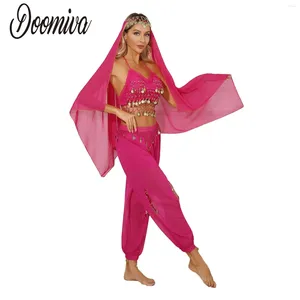 Etapa desgaste Bollywood traje conjunto mujeres danza vientre traje rendimiento ropa gasa velo crop top y pantalones trajes árabes