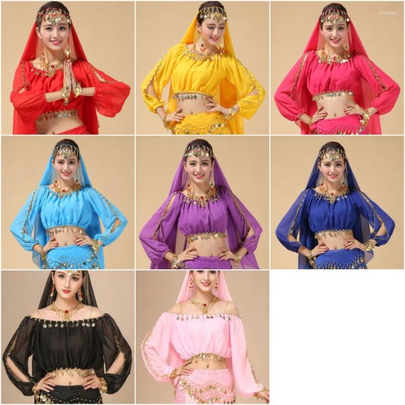 Stage Wear Bollywood Oriental Belly Dance Costuums Professional Women Deskled Sari Tribal Top Pargin Lange mouwen Thailand Arabisch