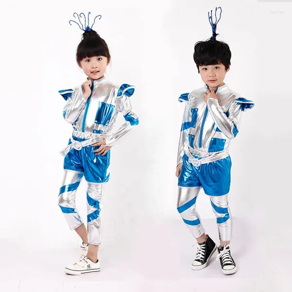 Escenario desgaste niño o niña espacio robot traje azul plata cospaly rendimiento espectáculo de danza tiempo ropa para niños