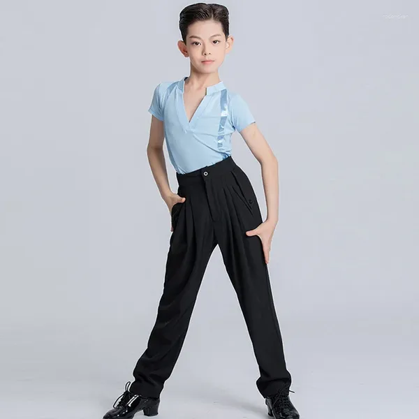 Escenario desgaste niños baile de salón traje de baile latino actuación azul con cuello en v camisa pantalones negros chacha rumba traje de bailarina DL11279