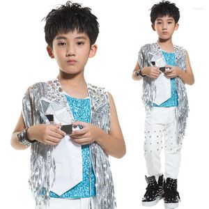 Stage Wear Boys Hip Hop Dance Costumes Silver Tassel Vest Coat Jacket Kinderprestaties Kleding Kinderen Jazz Rave Outfit DNV12480