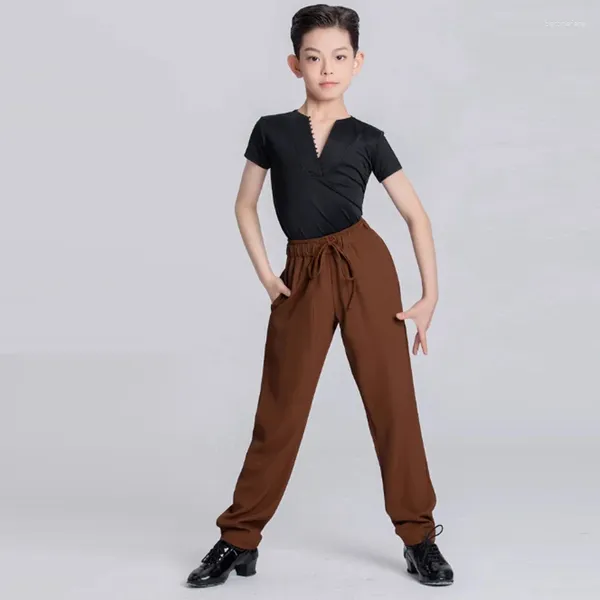 Escenario desgaste niños ropa de baile latino negro con cuello en v tops pantalones marrones tango salón de baile rendimiento chacha traje de práctica DL11269