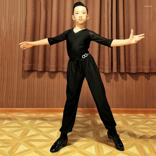 Vêtements de scène garçons vêtements de danse latine Costume noir hauts à col en v pantalon salle de bal Tango pratique/compétition Costume chemise pantalon L4374
