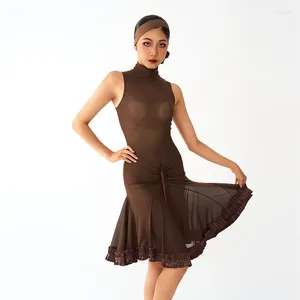 Stage Wear Brown High Collar Latin Dance Dress Dames Mouwloze competitie Kostuum Samba Tango Dancing Dissing Practice DL11035