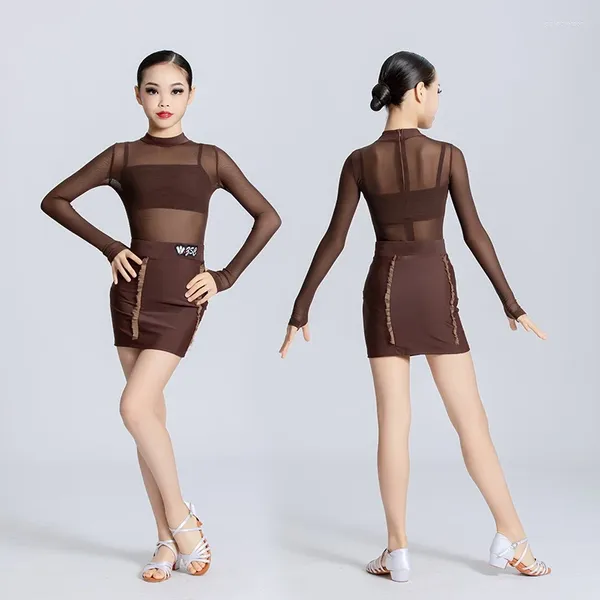 Stage Wear Brown Mesh Robe de danse latine Filles Rumba Samba Danse Pratique Cha Performance Outfit Body Jupe VDB7784