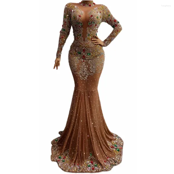 Stage Wear Brown Brillant Cristal Strass Sexy Longue Robe Pour Femmes Salle De Bal Celebrity Vêtements Soirée Banquet Porte Costume