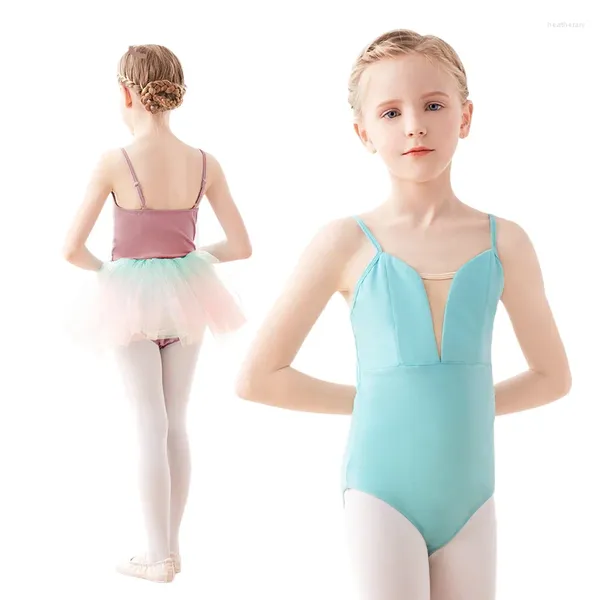 Stage Wear Camisole Dance Justaucorps pour filles Coton Spaghetti Bretelles réglables Costumes de ballet Classique Mesh Col V 2 couches Poitrine avant