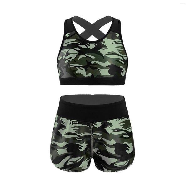 Ropa de escenario de camuflaje para niños y niñas, Tankini, ropa activa, Top corto sin mangas con parte inferior, conjunto de chándal para gimnasia, entrenamiento y Fitness