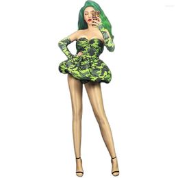 Desgaste de la etapa Camuflaje Tube Top Puf Dress Tres piezas Set ArmyGreen Mujeres Party Outfit Cosplay Discoteca DJ Pasarela Ropa