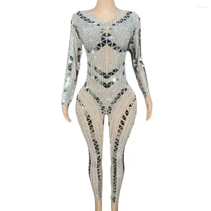 Stadiumkleding Vier Prom Verjaardag Jurk Voor Vrouwen Zangeres Danser Show Sparkly Steentjes Spiegels Jumpsuit Sexy Mesh See Through