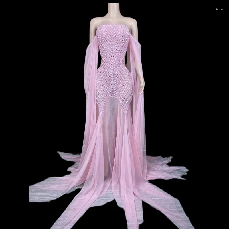 Scen Wear Celebrity Birthday Prom Singer Pink Pearl Trailing Dress Women Model Catwalk Strapless Glowl Long Host Costume