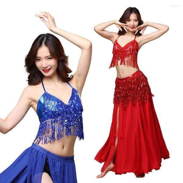 Desgaste de la etapa gasa 8 colores danza del vientre falda traje mujeres lentejuelas Top para dama 3 uds trajes de baile sujetador con cuentas cinturón hendidura 720 grados