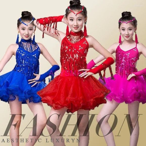 Stage Wear Enfant Enfants Filles Volants Salle de bal Costumes de danse latine Ligne de compétition Robe à franges à paillettes Bachata Salsa Robes