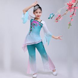 Abbigliamento da palcoscenico Ricamo di danza classica per bambini Costumi eleganti Ombrello a ventaglio Costume da tamburo Yangko folk cinese