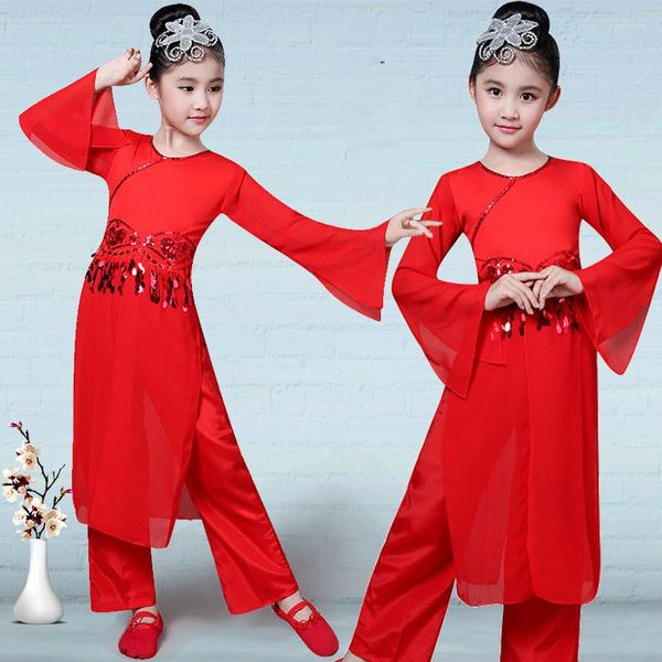 Stage Wear Costumes de danse classique pour enfants Yangko Style filles chinois rouge costume de fan de fête