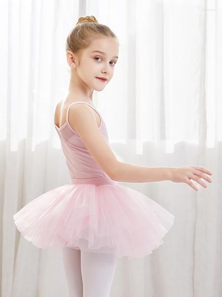 Vestido de tutú de Ballet de algodón para niños, leotardo con tirantes y falda de tul abullonada para niñas, disfraces de actuación C22092