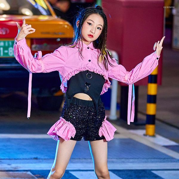 Vêtements de scène pour enfants Costumes de danse Hip Hop pour filles rose Hiphop Streetwear Jazz vêtements Rave modernes DN11582