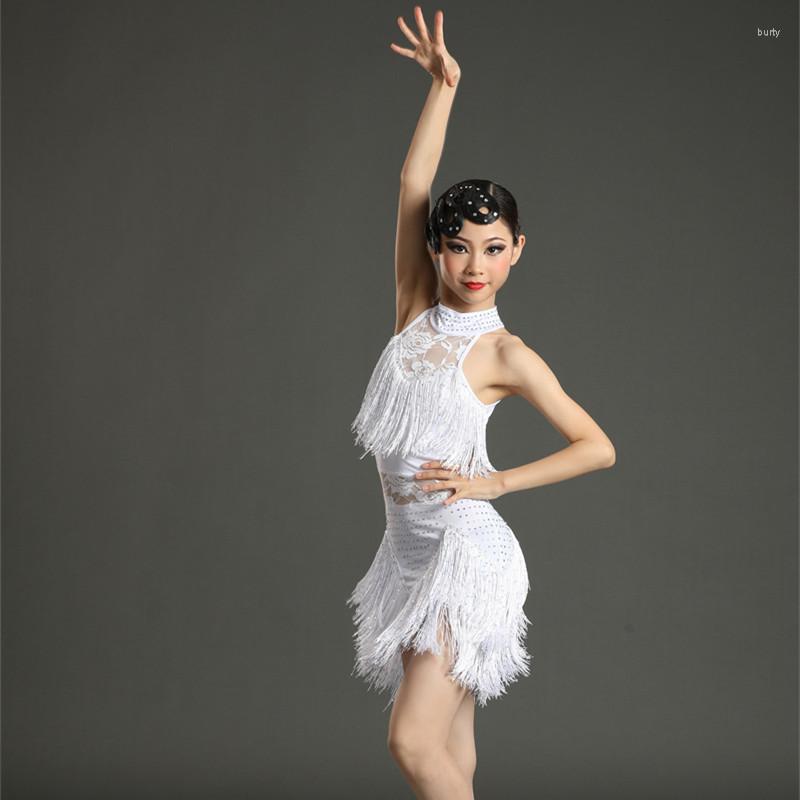 Figurino de dança latina para crianças com telas de traje de exame feminina de vestido feminino Performance Jazz White Rumba Standard nacional