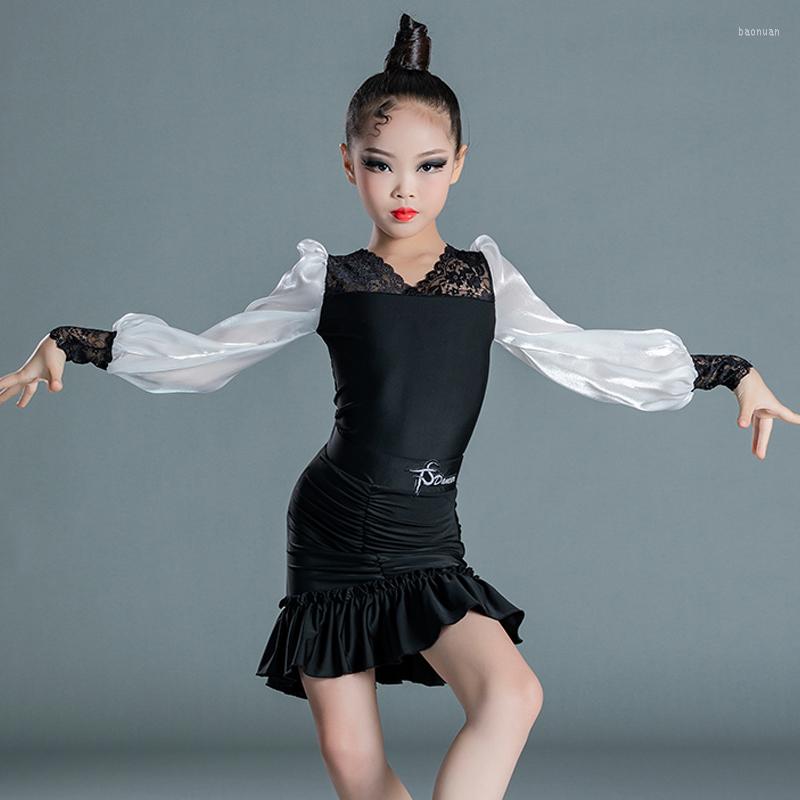 Sahne Giyim Çocuk Profesyonel Kostümleri Latin Dans Uygulaması Kızlar Kızlar Siyah Beyaz Bölünmüş Etek Takım DN10362