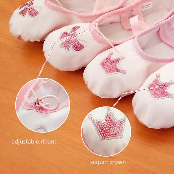 Vêtements de scène pour enfants paillettes broderie chaussures de Ballet Satin pleine/semelle fendue danse pour les filles rose arc/couronne ballerine pantoufles