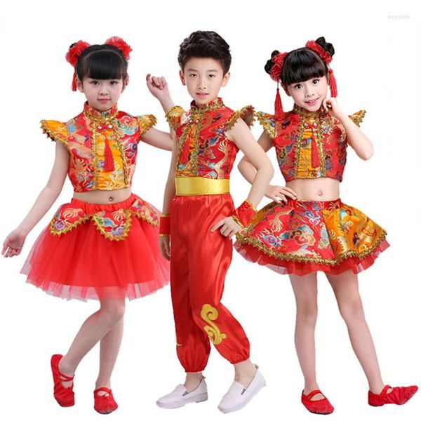 Vêtements de scène Costumes de danse Yangge pour enfants Filles Festive National Taille Tambour Costume Ventilateur Parapluie Vêtements Performance