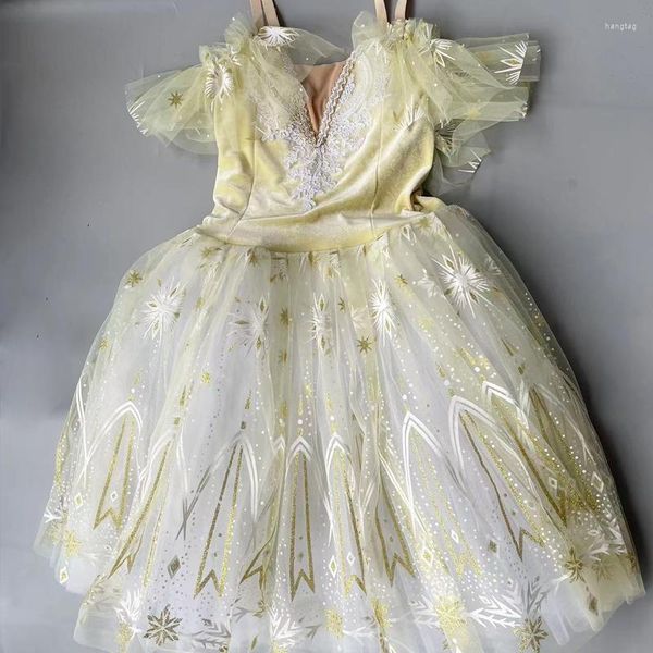 Vêtements de scène enfants robe de ballet jaune clair cygne danse Performance vêtements femmes filles longue compétition princesse jupes