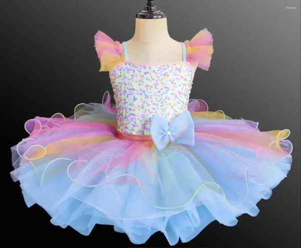 Etapa desgaste niños salón ropa lentejuelas ballet tutu vestido niñas arco iris color moderno rendimiento princesa