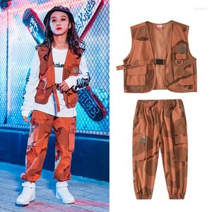 Stage Wear Children Camouflage Vest Cargo Pants Hip Hop Clothing Girls Moderne Jazz Dance kostuum Lange mouwen Tops jongens Rave BL6937