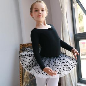 Stage Wear Children Fall Winter Professional Ballet Swan Lake Polka Dot Tule Rok Tutu Zwart Pink Blue Long Sleeve Tuidard Two -Pally Suit