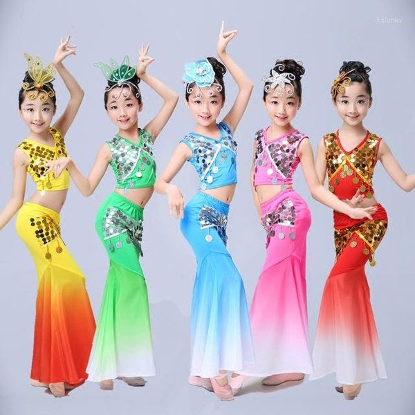 Stage Wear Enfants Fille Chinois Costume De Danse Vêtements Ensemble Costumes Pour Femme Dai Ethnique Robe De Paon Vêtements