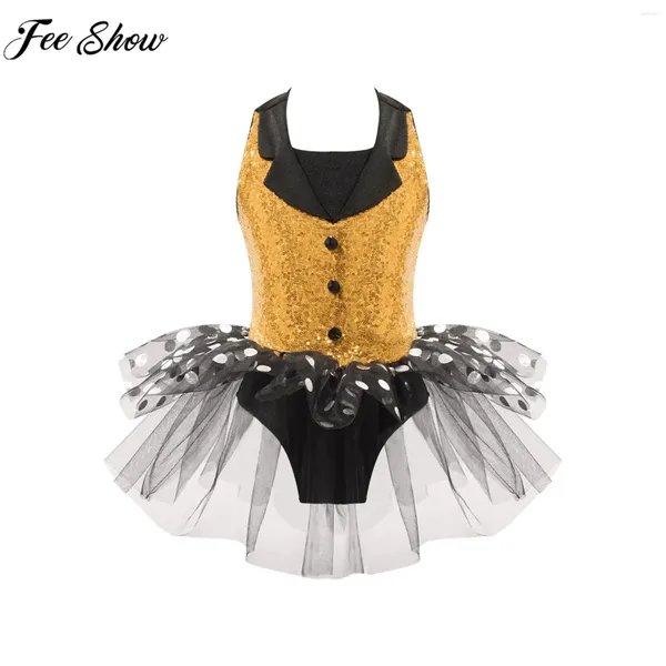 Stage Wear Enfants Filles Ballet Tutu Gymnastique Jazz Danse Performance Costume Sans Manches Paillettes Polka Dots Robe De Danse Vêtements