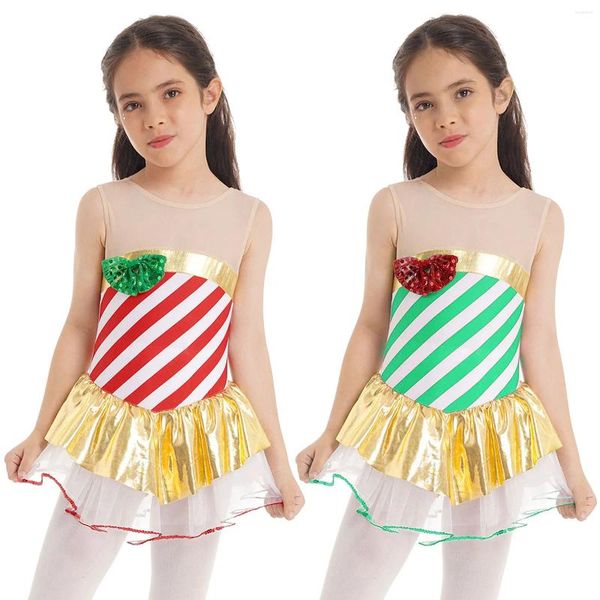 Stage Wear Enfants Filles Noël Ballet Danse Robe Sans Manches Rayé Paillettes Mesh Tutu Dancewear Noël Gymnastique Figure Patinage Justaucorps