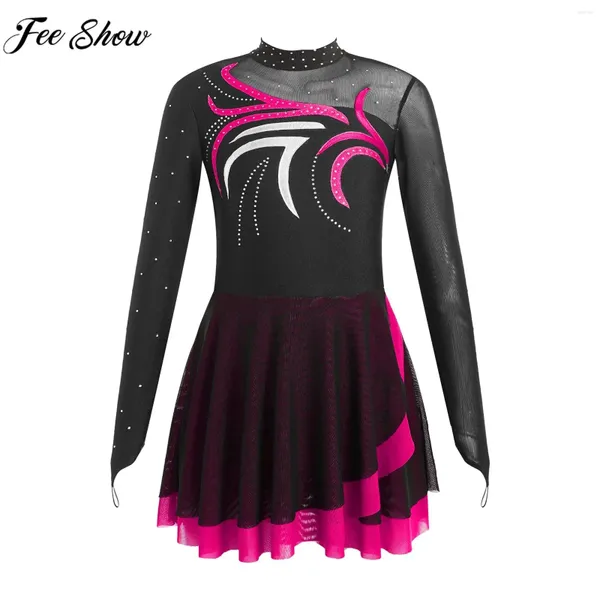 Stage Wear Enfants Filles Costume de patinage artistique Danse lyrique Ballet Gymnastique Justaucorps Robe à manches longues Strass Sheer Mesh Dancewear