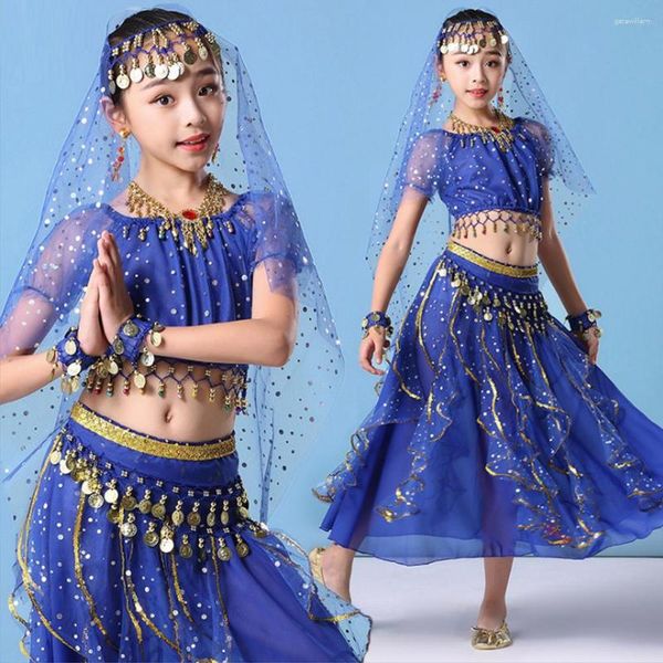 Desgaste de la etapa Niños Niñas Volantes Lentejuelas Ropa de danza del vientre Conjunto Recortado Tops Faldas largas largas India Traje de rendimiento