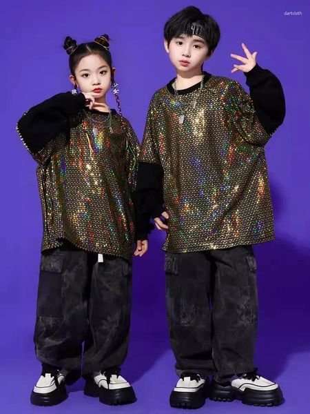 Escenario desgaste niños oro lentejuelas tops pantalones negros para niños hip hop traje niñas jazz danza rendimiento ropa grupo BL11924