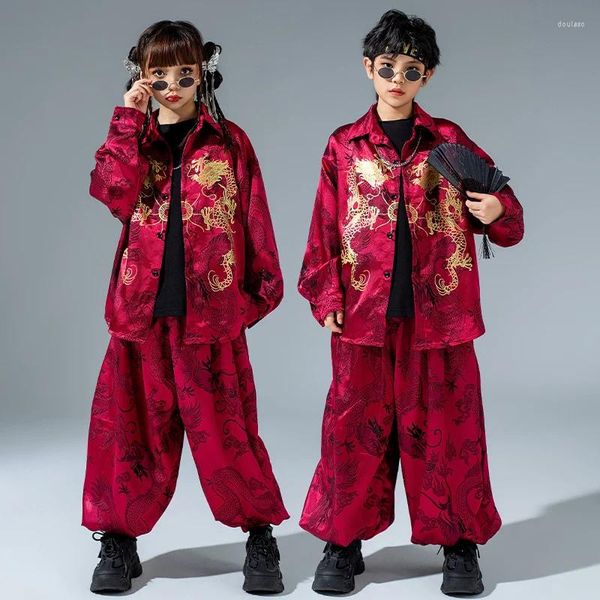 Stage Wear Enfants Hip Hop Costume Style Chinois Costume Rouge Manches Longues Garçons Street Dance Performance Vêtements Filles Vêtements BL12141