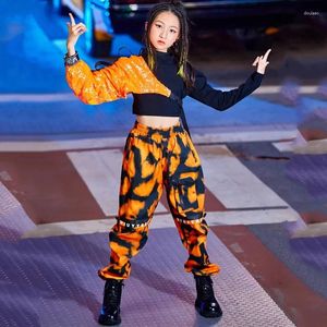 Etapa desgaste niños hip hop trajes de baile naranja lentejuelas mangas pantalones sueltos streetwear jazz rendimiento ropa