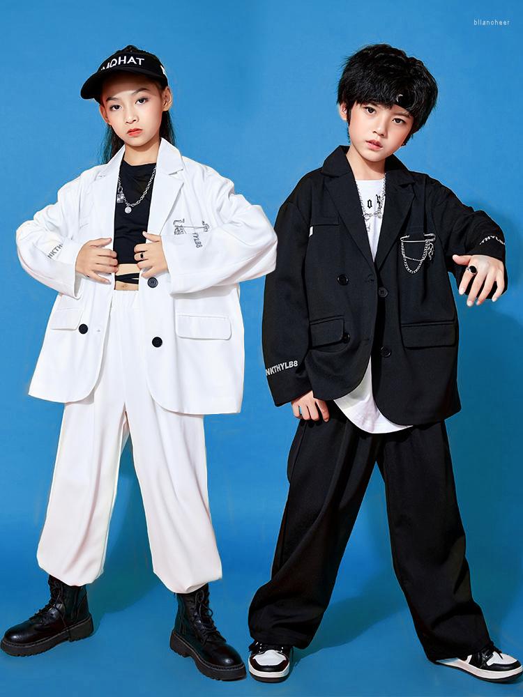 Palco desgaste crianças jazz traje hip hop dança terno preto branco mangas compridas kpop outfit meninas roupas meninos dnv17006