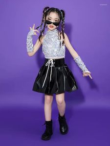 Ropa de escenario Niños Traje de baile de jazz Tops de lentejuelas plateadas Falda de cuero negra para niñas Ropa de rendimiento de porristas 10396