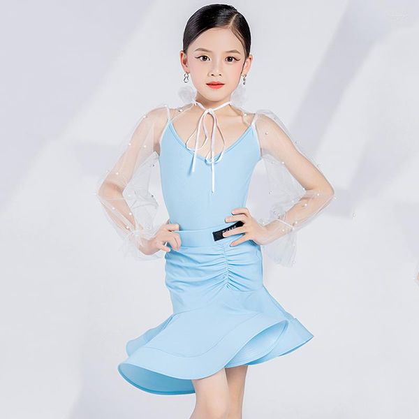 Stage Wear Enfants Vêtements De Danse Latine Bleu Outfit Mesh Puff Sleeve Body Jupe ChaCha Dancewear Samba Performance Costume VDB6430