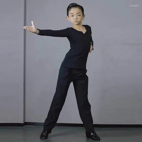 Stage Wear Enfants Latin Dance Vêtements Garçons Noir Manches longues Tops Pantalons Pratique Ballroom Tango Danse Performance Costume DL11466