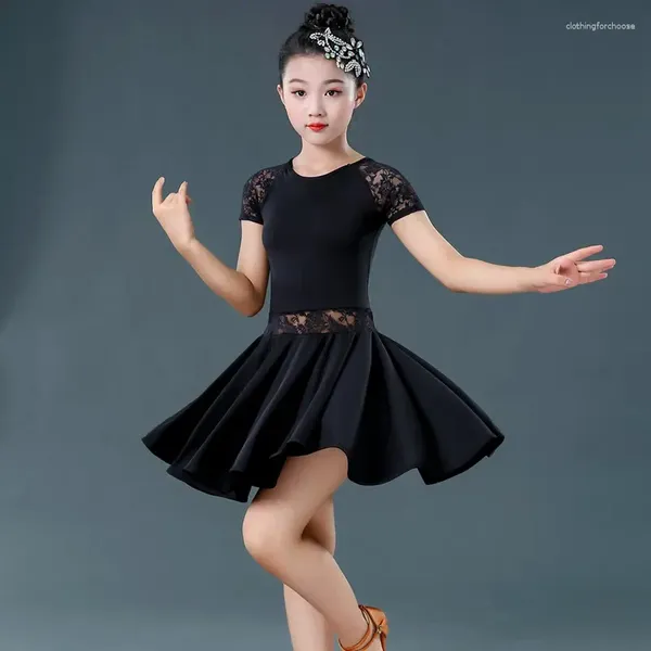 Etapa desgaste niños vestido de baile latino salón de baile niña tutú encaje negro rojo diseño ropa niños salsa samba traje 120-160 cm