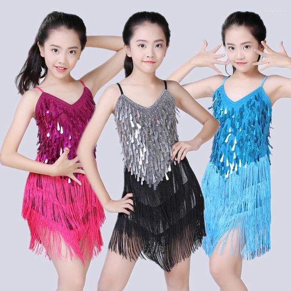 Desgaste de la etapa Niños Vestido de baile latino Competencia Vestidos infantiles para niñas Lentejuelas Trajes de baile Trajes de rendimiento para niños