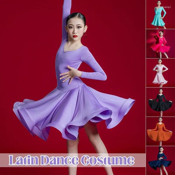 Stage Wear Enfants Robe de danse latine Filles Mordern Robes de salle de bal Salsa Tango Jupe Pratique Compétition Performance Costume