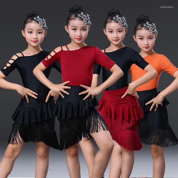 Etapa desgaste niños vestido de baile latino niñas borlas falda flecos moderno salón de baile salsa tango rumba traje