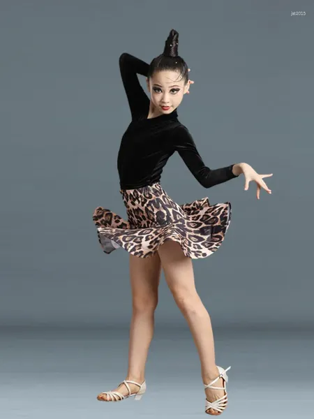 Escenario desgaste niños leopardo danza latina práctica vals 2 unids traje traje de vientre moderno clásico mangas largas top jazz volante falda conjunto